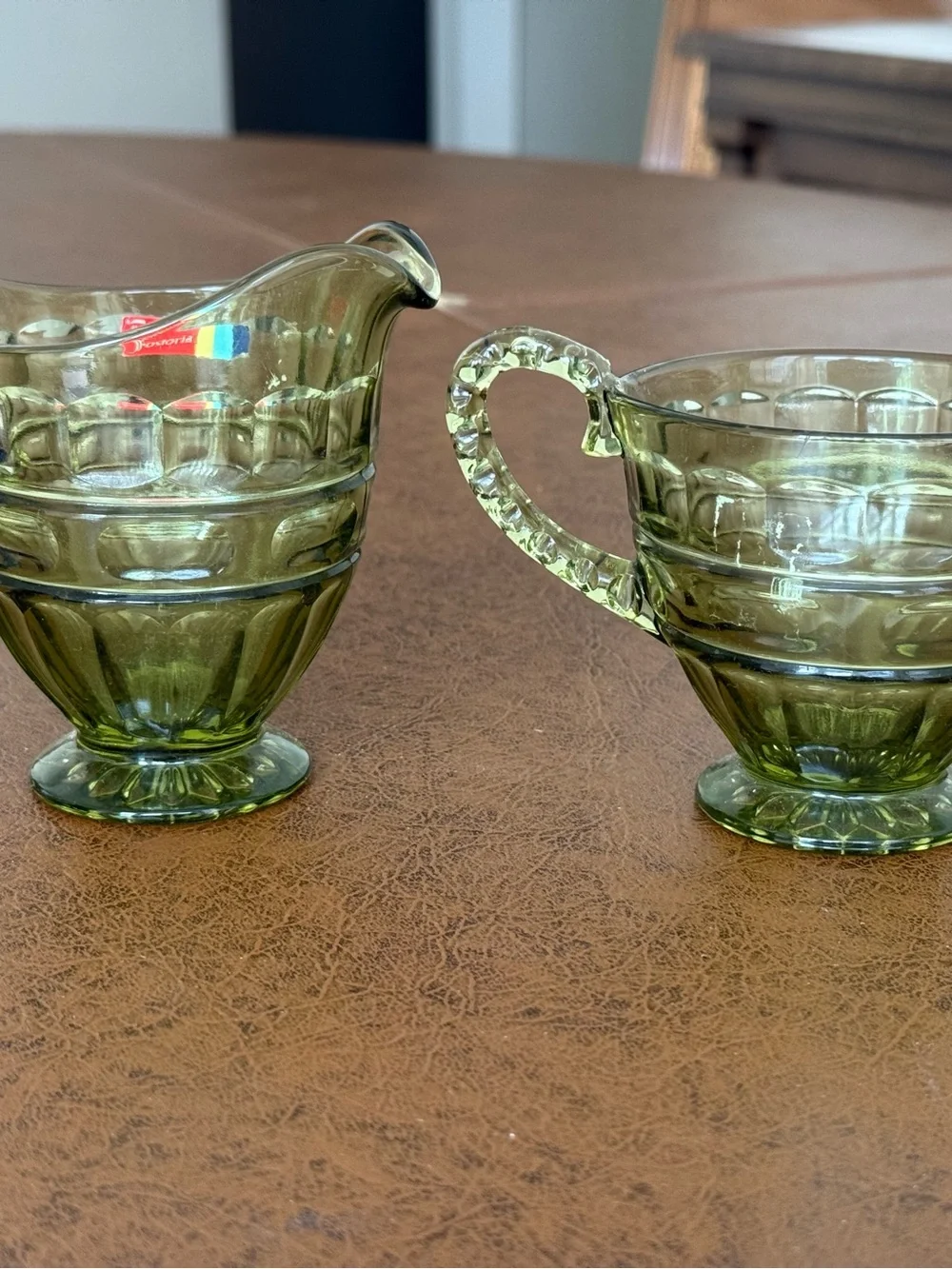 Vintage Fostoria Hermitage green glass Creamer and Sugar Set w sticker EUC